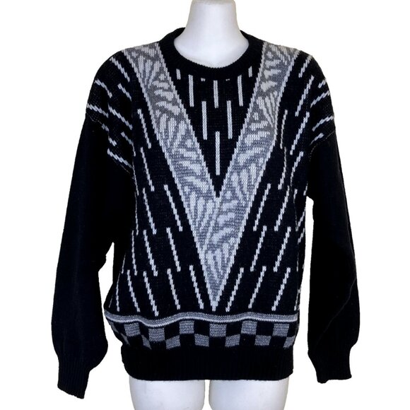 Cooper Black & White Geometric Knit Pullover Sweater Vintage 90s Made in Canada - Picture 1 of 6